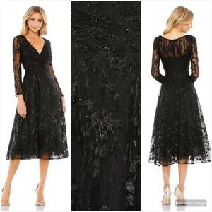 Mac Duggal 204041 Long Sleeve Floral Embellished Cocktail Dress